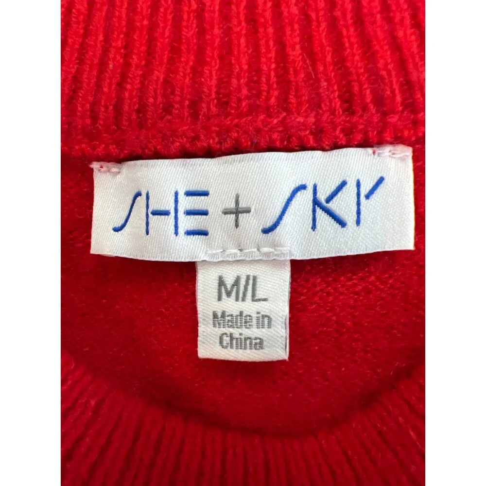 She + Sky Women's Red Sequin Bow Long Sleeve Sweater - M/L
